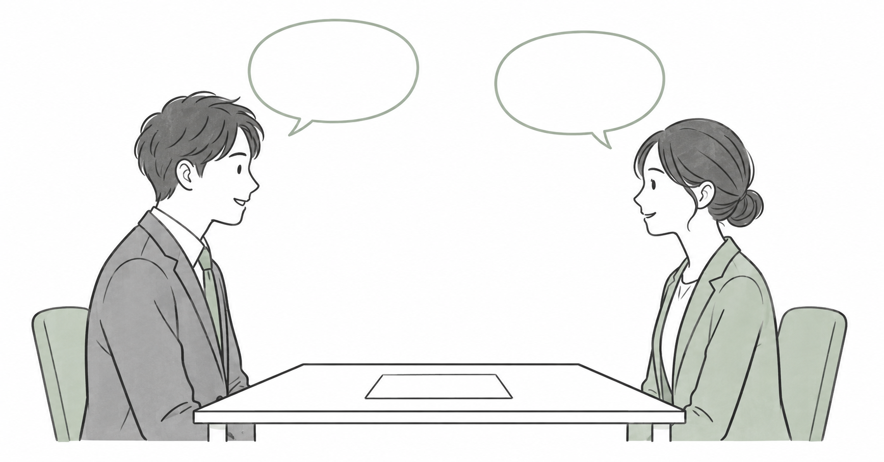 机の資料を挟んで会話する二人。誰の行動を誰に伝えるかを確認する場面