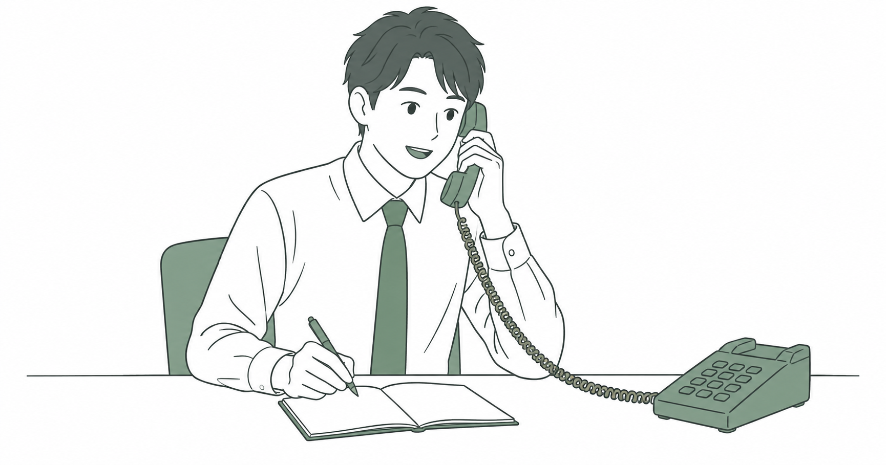 机の電話で話しながら、手元のノートに用件をメモする人の線画