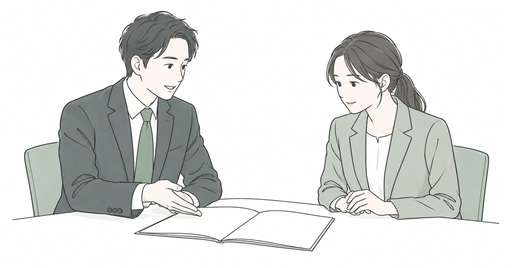 資料を示しながら話す人と、相手の話を聞く人